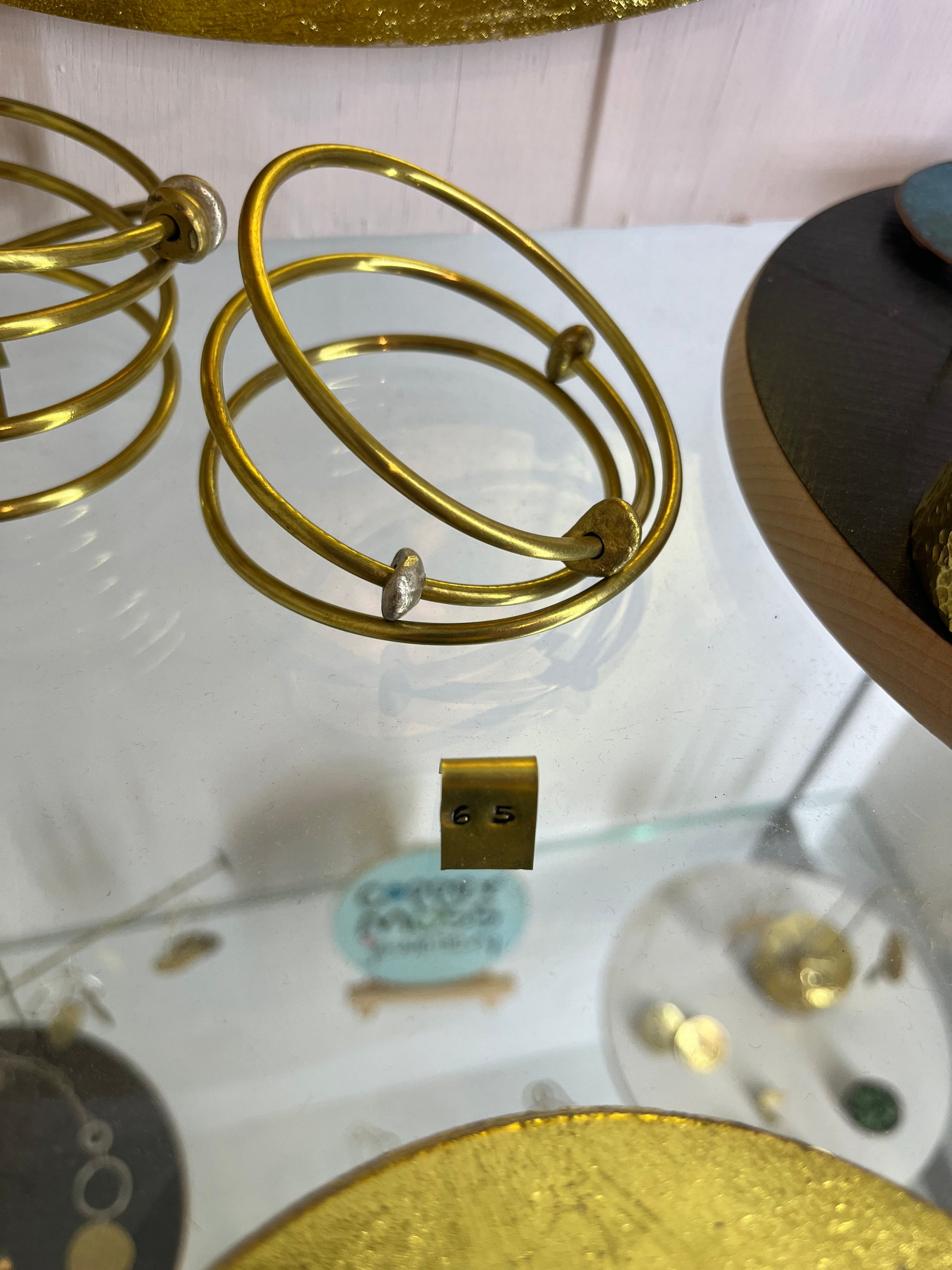 Copper Moss orbit brass  bangle 3 twist with recycled silver and brass beads