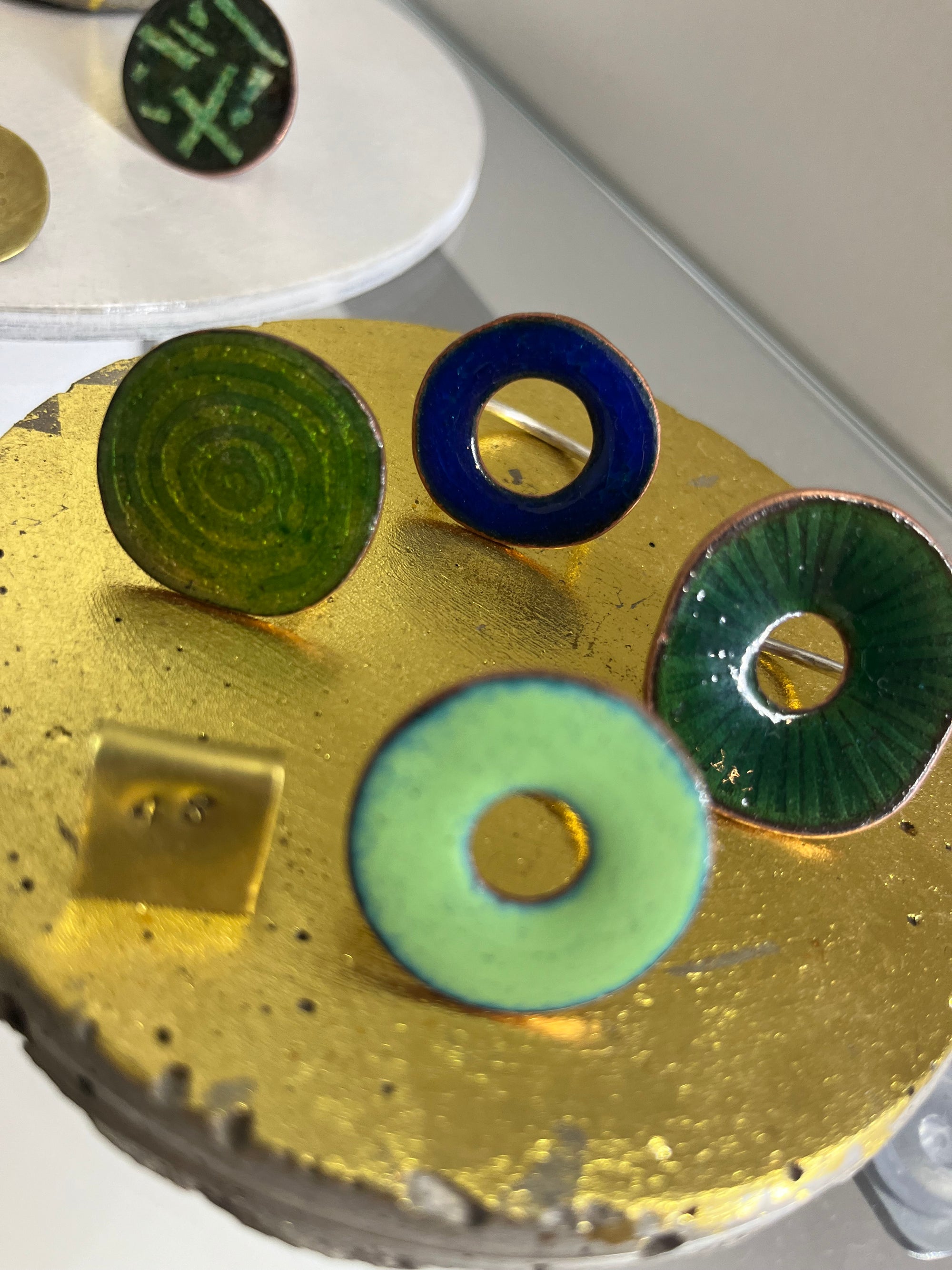 Copper Moss enamelled circle rings with eco silver