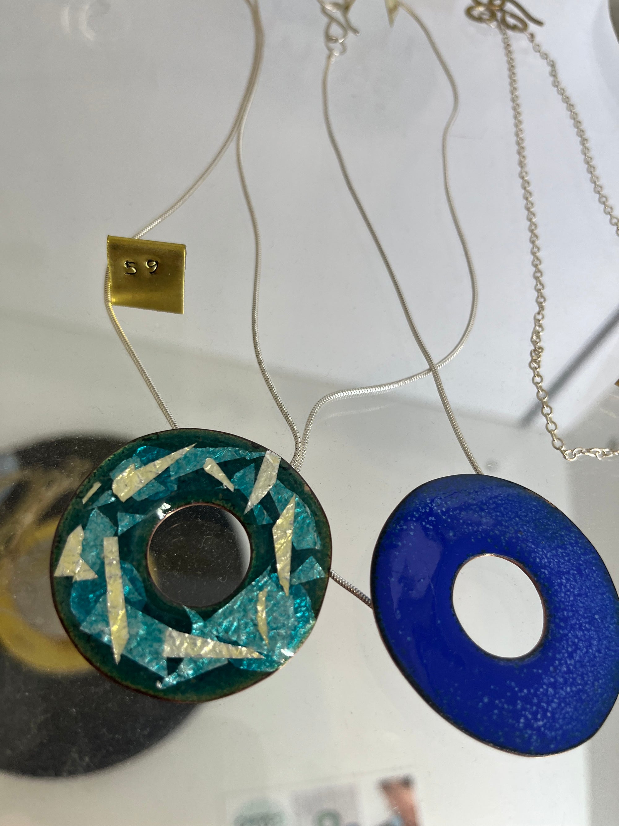 Copper Moss pendents- enamelled circle