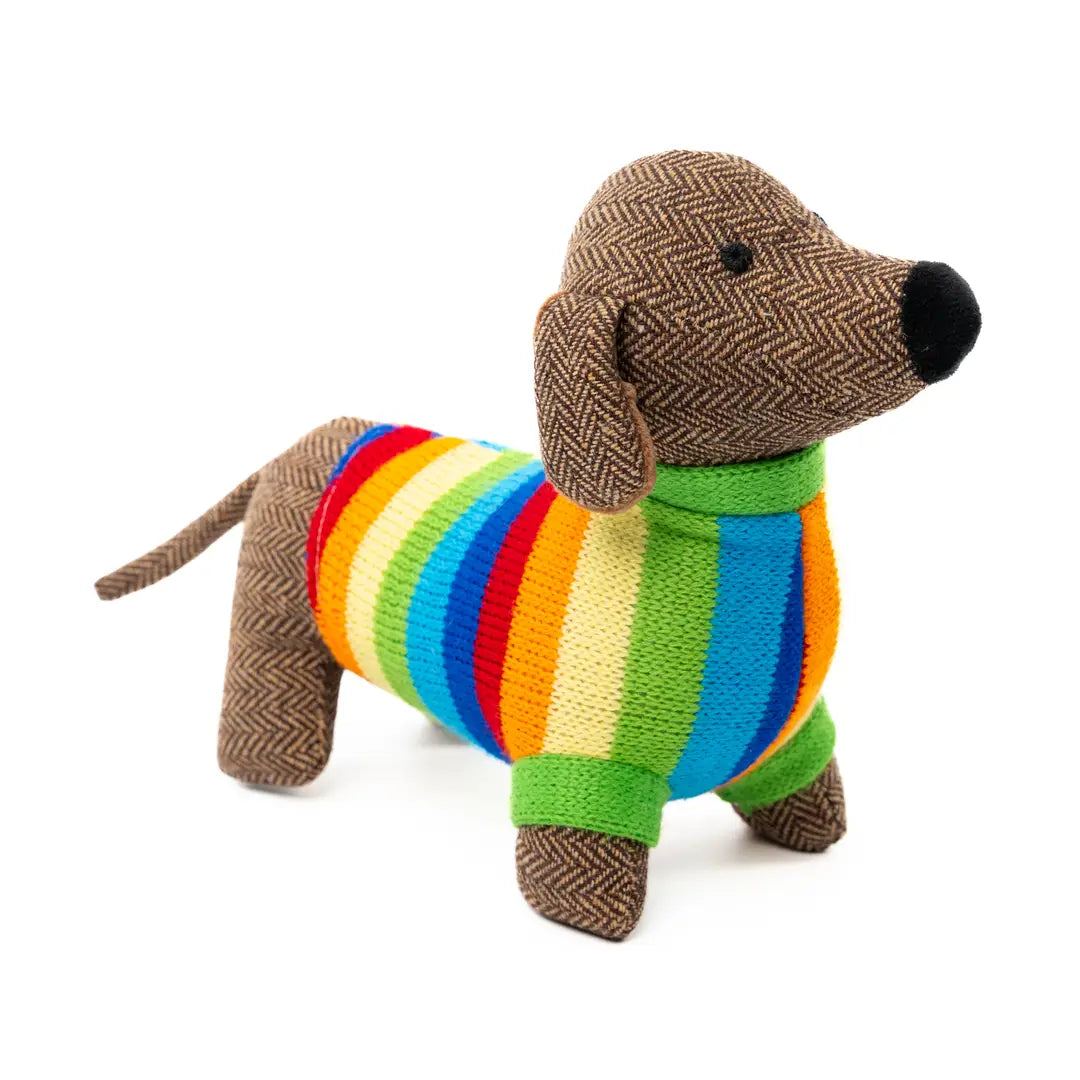 Tweed Sausage Dog bright stripe jumper